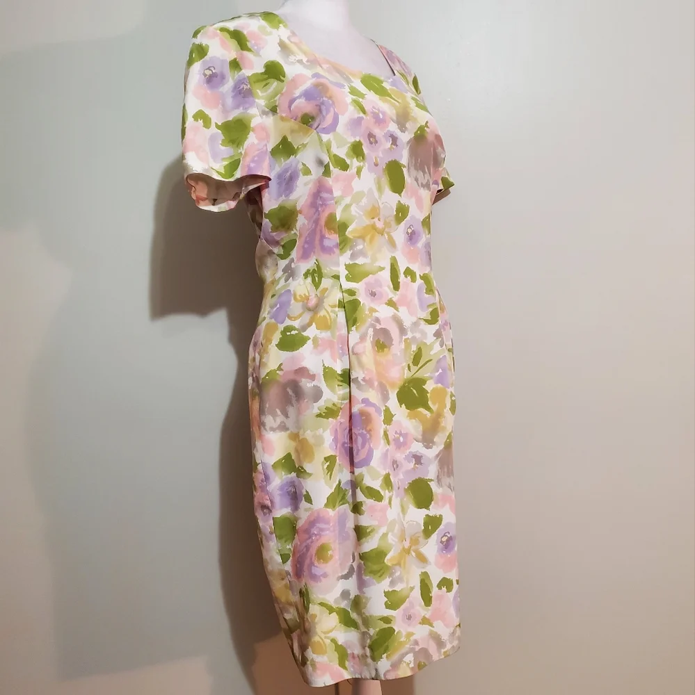 Maggy London Vtg 80s silk pastel floral watercolor square neck sheath dress 6 - Picture 2 of 12